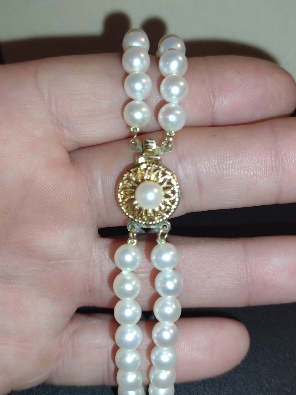 Classic White Pearl Double-Strand Bracelet with 14k Gold  clasp and 2 spacers.